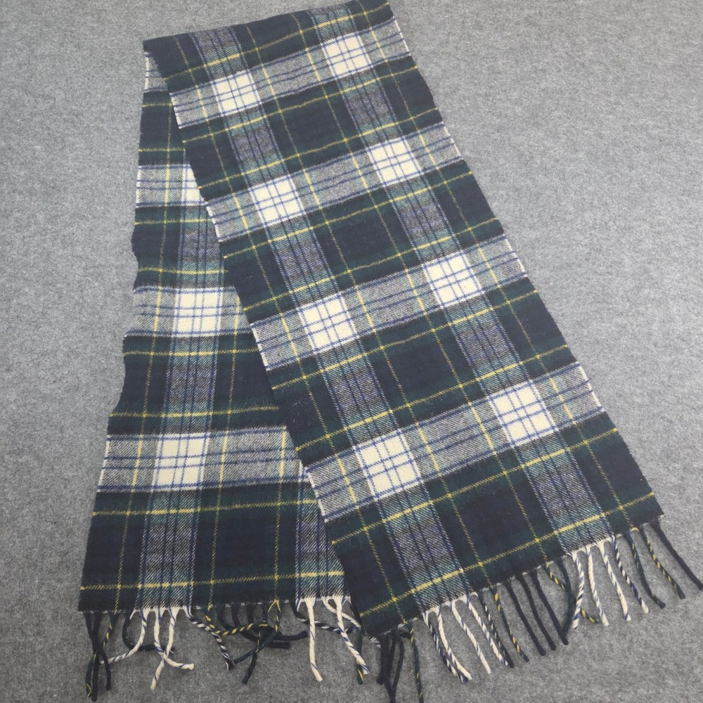 Gordon Dress Tartan Plaid Scarf Navy Green White Yellow Fringe 56 x 12